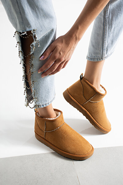 LORENN SHOES Ultra Mini Taba Süet İçi Kürklü Düz Taban Kadın Bot