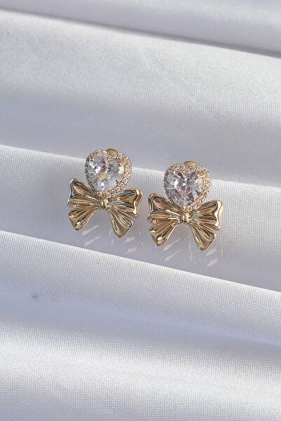 adshome Brass Gold Color Zircon Stone Heart Model Bow Earrings