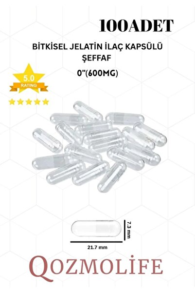 QOZMOLİFE Orta Boy Şeffaf Bitkisel Jelatin Boş İlaç Kapsülü Helal Sertifikalı 0"600mg (100 Adet)