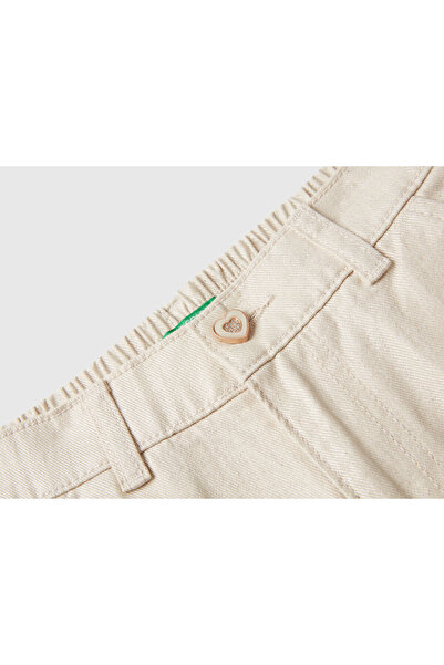 United Colors of Benetton Girl's Ecru Buttoned Pocketed Denim Trousers with Elastic Waist at the Back