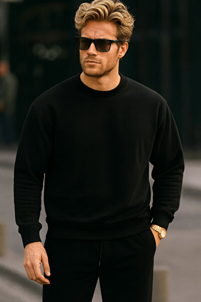 EydaMoon Erkek Siyah Basic Kışlık İçi Polarlı Bisiklet Yaka Relaxed Regular Sweatshirt