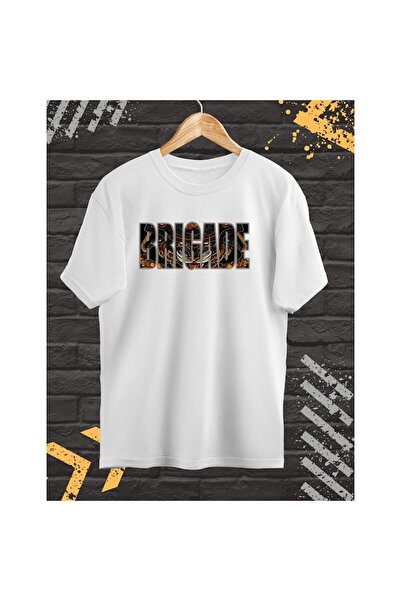 OEM Tricou Barbati cu Imprimeu Fata-Spate, Brigade, Bumbac, Alb, L INTL