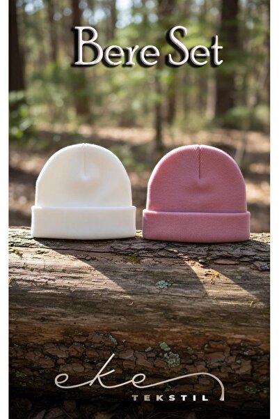 Eke Tekstil Unisex Folded Pink, White 2-Piece Beanie Set Ekebereseti̇2Li̇yeni̇