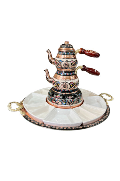 AiroBazar طقم إبريق شاي نحاسي وصينية تقديم الإفطار، صناعة يدوية بنمط عثماني، طقم تقديم إفطار أنيق