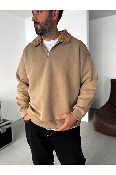BYBASICMAN Açık Kahve Peluş Yaka Fermuarlı Sweatshirt YP-5023