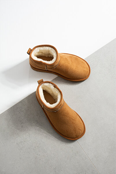 LORENN SHOES Ultra Mini Taba Süet İçi Kürklü Düz Taban Kadın Bot