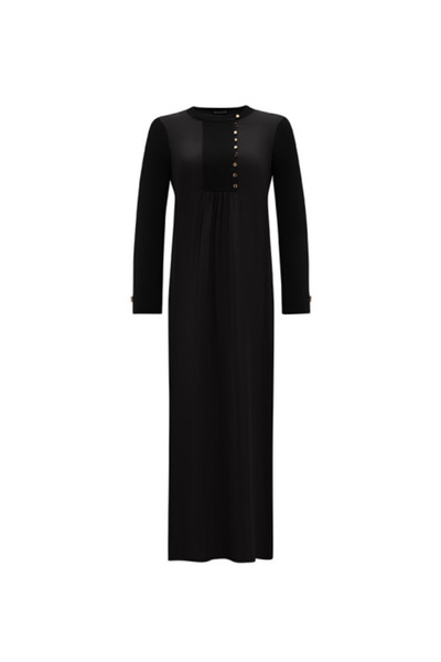 MISS DALIDA Yakası Düğme ve Nervür Detaylı Cupro Triko Siyah Elbise