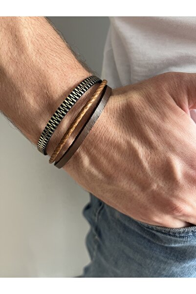 Fynbos سوار رجالي من الجلد الطبيعي الفاخر بتفاصيل سحاب ثلاثي - تصميم خاص أنيق