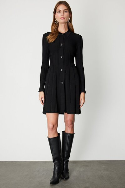 Genel Markalar Süs Düğmeli Midi Boy Triko Elbise -66482