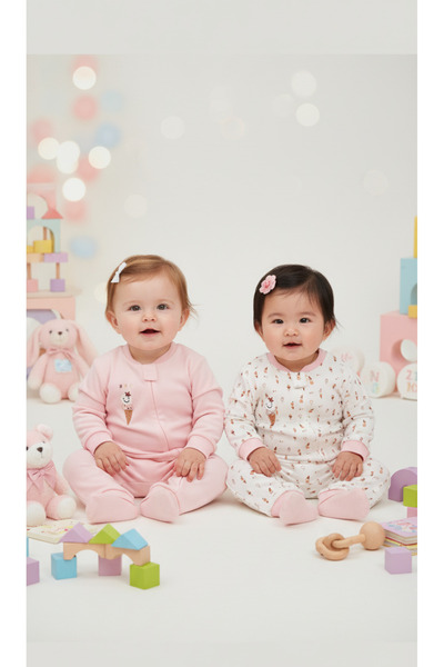 Kidaxi Baskılı 2'li Kız Bebek Tulum Seti 3-24 Ay