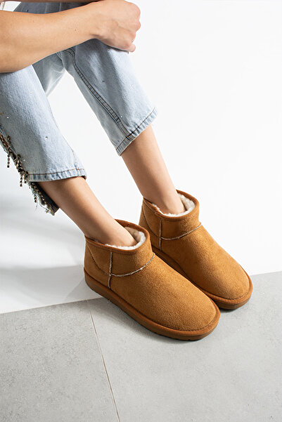 LORENN SHOES Ultra Mini Taba Süet İçi Kürklü Düz Taban Kadın Bot