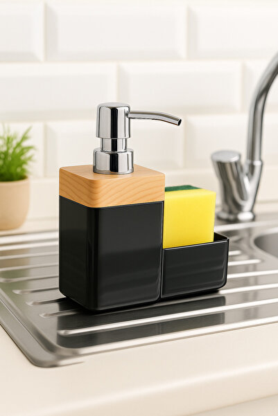 Nesto Home Wooden Look Liquid Soap Dispenser with Sponge Holder, Detergent Dispenser