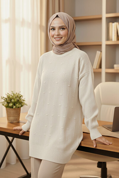 FERHEL Kabartma Detayl Diz Çizgili Salaş Yumoş Triko Kazak