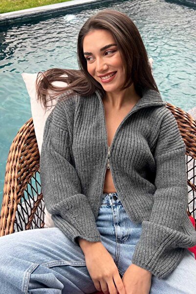 Seeh Cardigan tricotat cu fermoar dublu antracit SH326