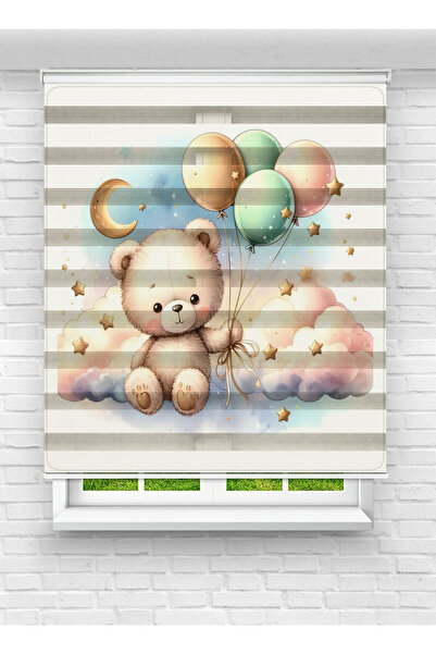 evana home Balonlu Ayıcık Desenli Zebra Perde