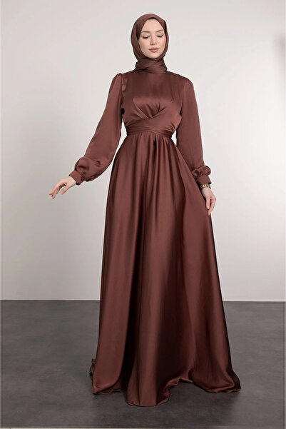Tesettür Diyarı Yakadan Çaprazlı Bele Bağlamalı Tesettür Abiye- Kahverengi