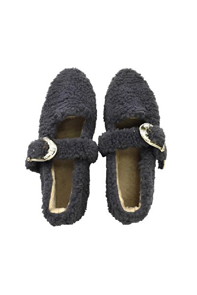 birizmoda Women's Gold Buckle Plush Home Slippers - Dark Gray
