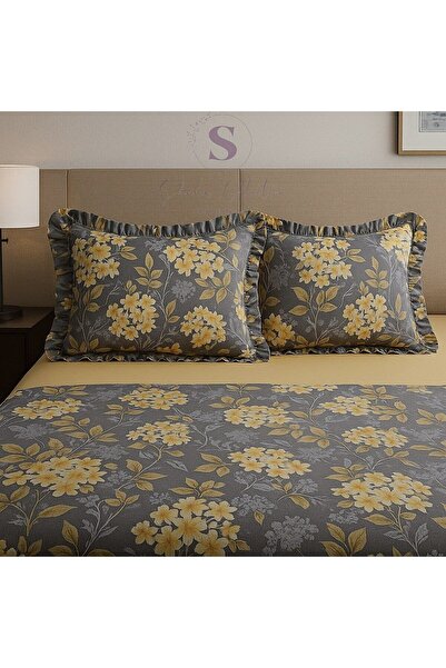 shules collection Set de lenjerie de pat dublu cu flori NERGİS, cu volane, 100% bumbac