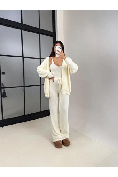 My Blog Ecru 3-Piece Plush Cardigan Set - 1010