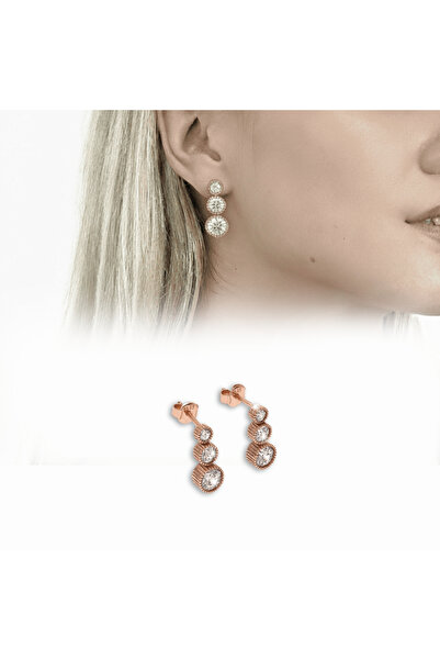 Tesbihane Elmas Görünümlü Damla Tasarım Rose Renk 925 Ayar Gümüş Küpe