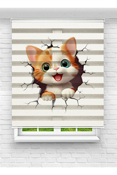 evana home 3D Kedi Desenli Zebra Perde – Sevimli Çocuk Odası Stor Model