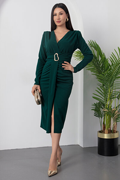 PULLIMM Kruvaze Yaka Uzun Kol Beli Tokalı Elbise GRS3829