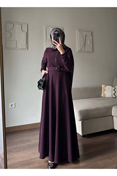 demet's collection Feri̇ha Knitted Fabric Zippered Belted Long Dress