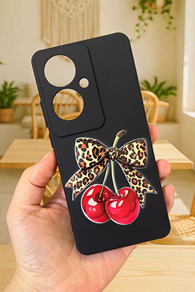 Vip Case OPPO RENO 11F Uyumlu Kiraz Leopar Fiyonk Desenli Silikon Darbe Emici Rubber Kılıf
