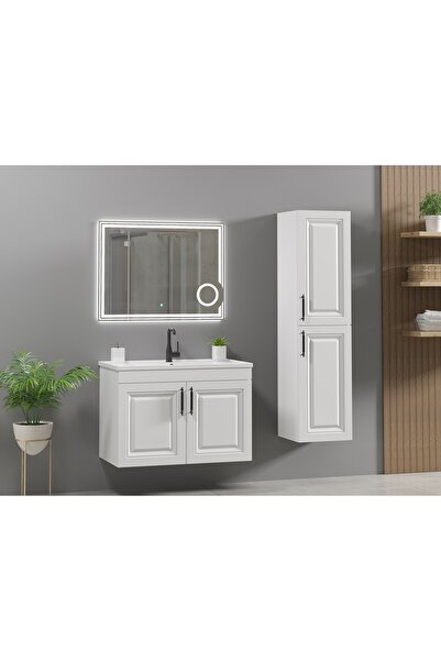 ROSEART BANYO ŞULE BEYAZ 80CM BANYO DOLABI SET HALİNDE LED AYNA + ALT MODÜL + SERAMİK LAVABO + BOY DOLAP