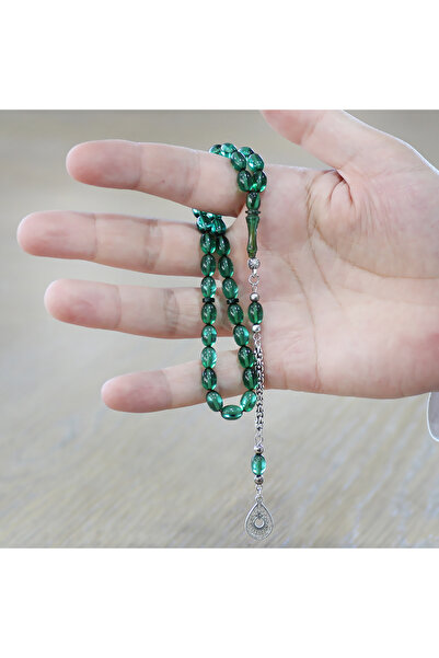 Tesbihane Non-Tarnish Metal Water Drop Crescent and Star Tassel Capsule Cut Green Fire Amber Prayer Beads