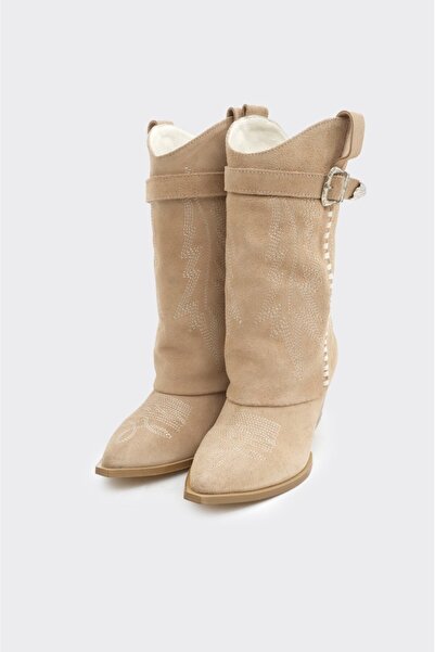 derinet Desenli Hakiki Deri Kadın Çizme