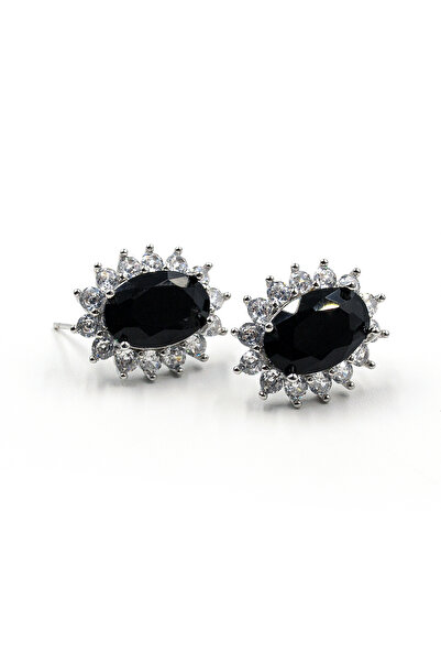 Sose Moda Black Sparkling Earrings with Zircon Stone Detail - Silver Color Anti Allergic Design