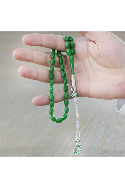 Tesbihane 1000 Sterling Silver Kazaz Tassel Special Cut Emerald Green Crimped Amber Prayer Beads