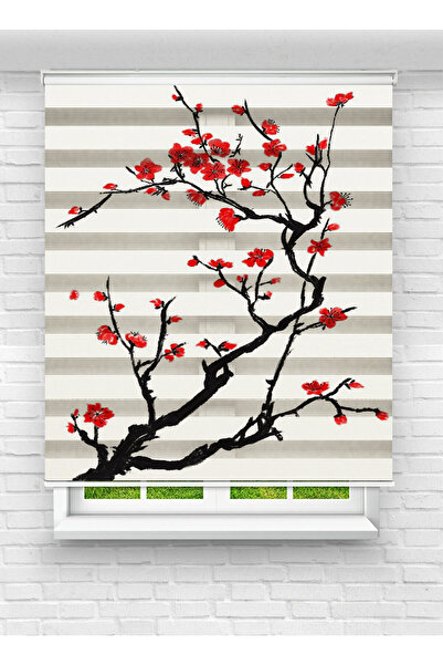 evana home Kırmızı Çiçek Dallı Zebra Perde – Modern ve Zarif Desenli Leke Tut...