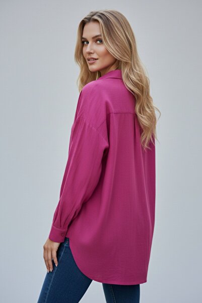 Kübra Tekstil Kadın Fuşya Classic Regular Fit Düğmeli Uzun Kollu Keten Rahat Kesim Gömlek Bluz, Kadın Gömlek