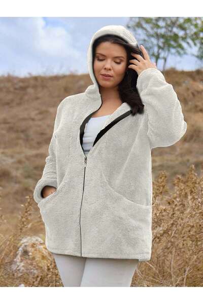 ABARSE Kadın Büyük Beden Cepli Kapüşonlu Fermuarlı Peluş Hırka Ceket