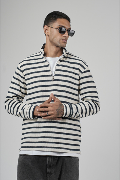 Butik Trend Biz Смугастий Regular Джакартовий Світшот з напівзастібкою