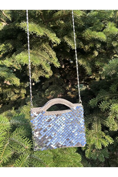 EL YAPIMI Mini Pullu Gümüş Çanta