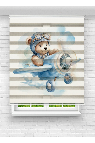 evana home Uçaklı Ayıcık Desenli Zebra Perde – Erkek Çocuk Odası İçin Sevimli...