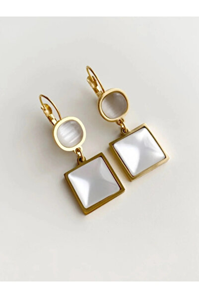 Vitastyle Gold Color Stone Detailled Sedefed Vintage Steel Earrings 4 cm