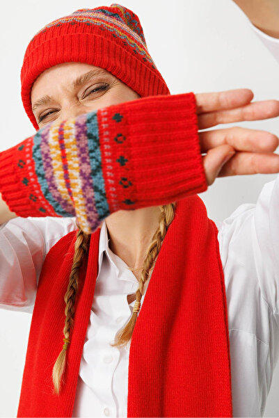 Desen Triko Women's Jacquard Tassel Wool Kaşkol 25075 Coral