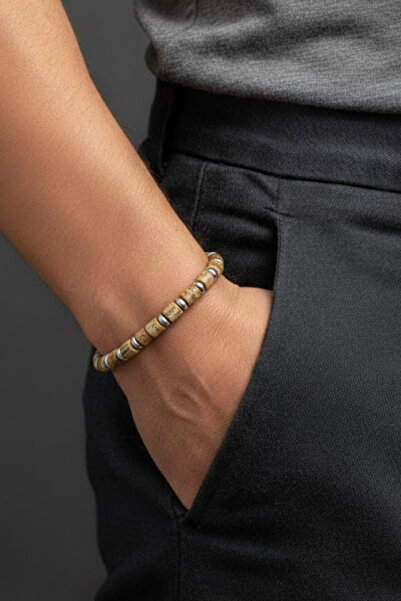 OSMANLI GÜMÜŞ سوار رجالي من الفولاذ - سوار من الفولاذ والحجر الطبيعي جاسبر الخشبي