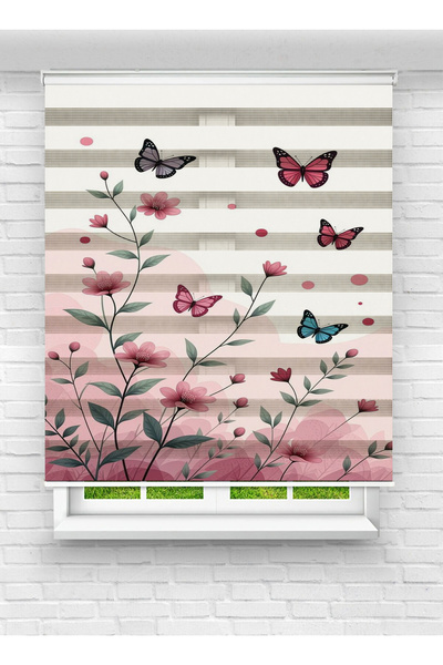 evana home Kelebek ve Çiçek Desenli Zebra Perde