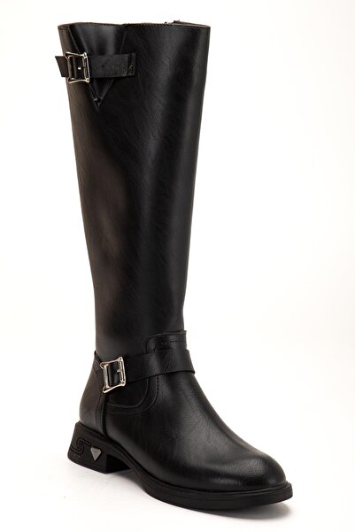 Dilimler Ayakkabı Black Women's Boots Flat Heeled Ankle Belted