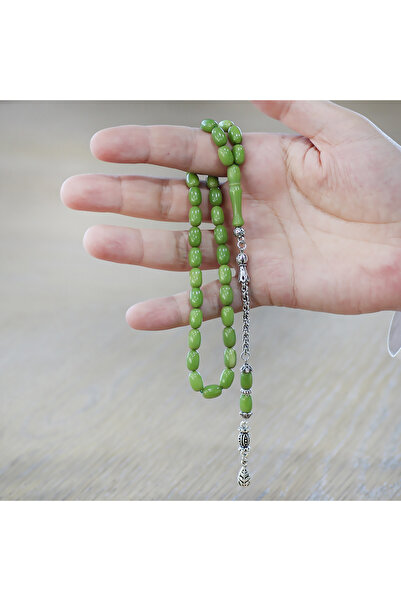 Tesbihane Non-Tarnish Metal Albanian Chain Tassel Special Cut Forest Green Crimped Amber Prayer Beads