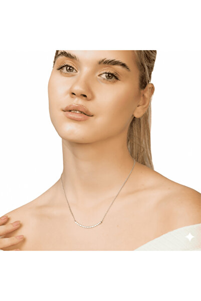 Tesbihane Suyolu Tasarım Sıralı Zirkon Taş Süslemeli Gümüş Renk 925 Ayar Gümüş Kolye