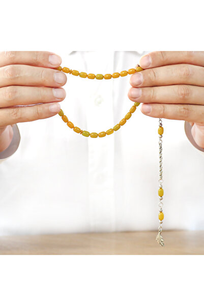 Tesbihane Non-Tarnish Metal Tassel Capsule Cut Honey Color Crimped Amber Prayer Beads