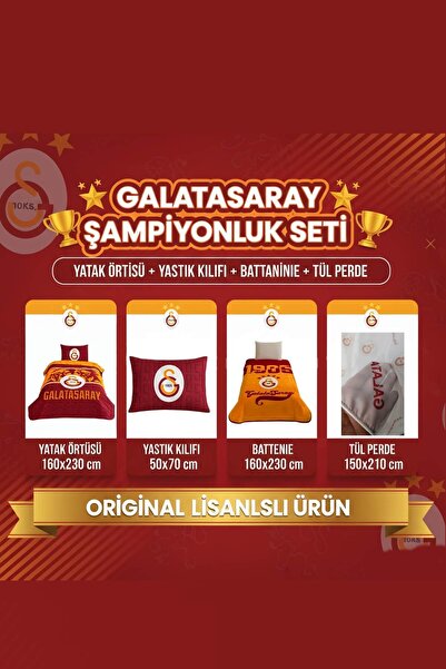 Taç Galatasaray Lisanslı 5 Yıldızlı Şampiyonluk Seti | Battaniye, Yatak Örtüsü, Yastık Kılıfı, Tül Perde