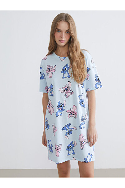 LC Waikiki Mavi Bisiklet Yaka Stitch Baskılı Kadın Gecelik