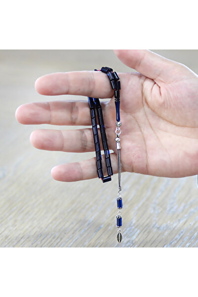 Tesbihane Sıkma Kehribar Tesbih - 925 Ayar Gümüş Püsküllü - Bilek Boy - Mavi Siyah Renk - Kesme Kesim